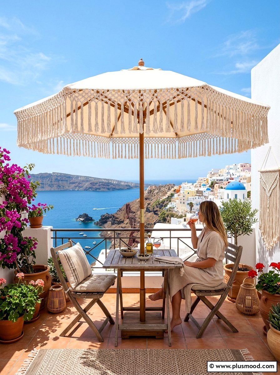 Bohemian balcony fringe umbrella - 25 summer boho balcony ideas