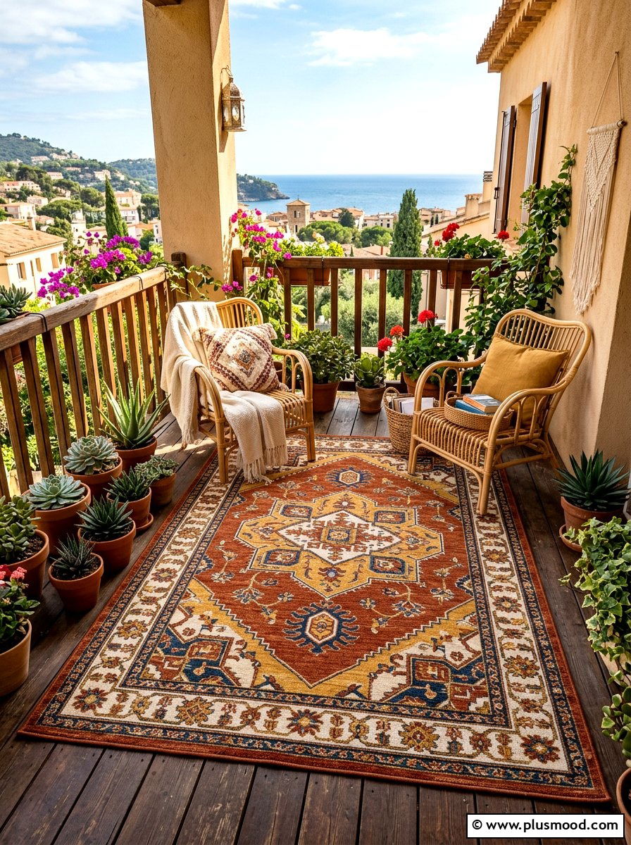 Bohemian balcony rug - 25 late summer balcony ideas