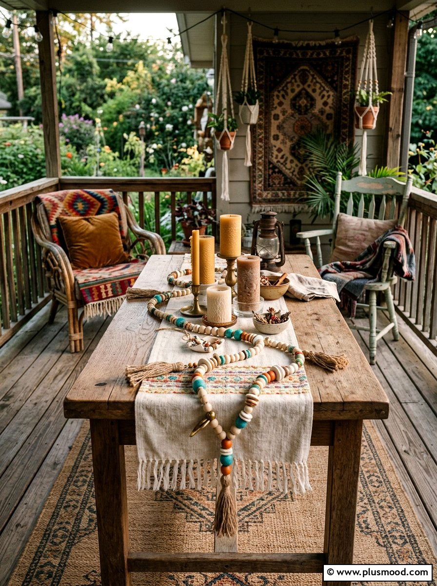 Bohemian beaded garland and candles - 25 summer porch table decor ideas