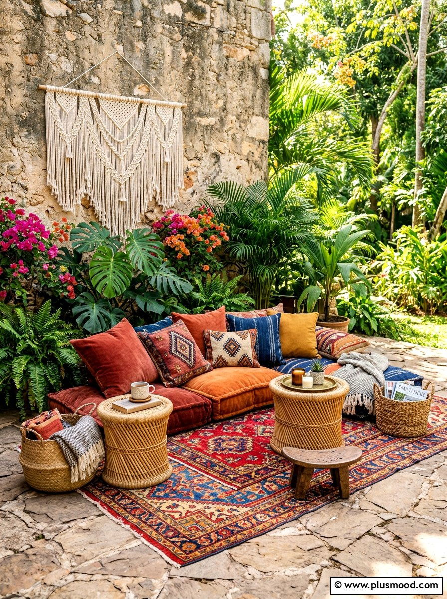Bohemian floor cushion lounge - 25 summer cozy poolside nook ideas