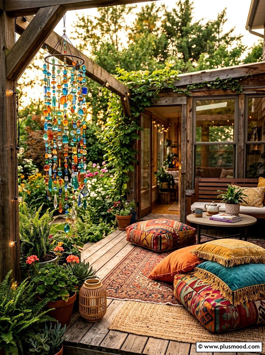 Bohemian glass porch setup - 25 outdoor garden decor ideas with wind chimes