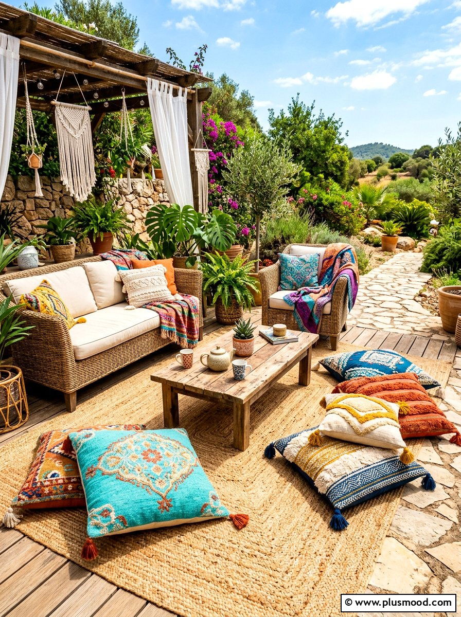 Bohemian outdoor lounge area - 25 late summer patio decor ideas