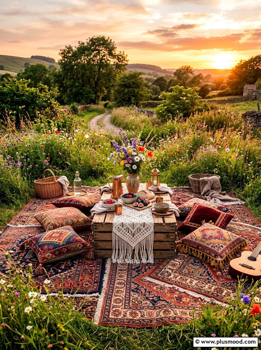 Bohemian rug picnic - 25 summer backyard picnic ideas