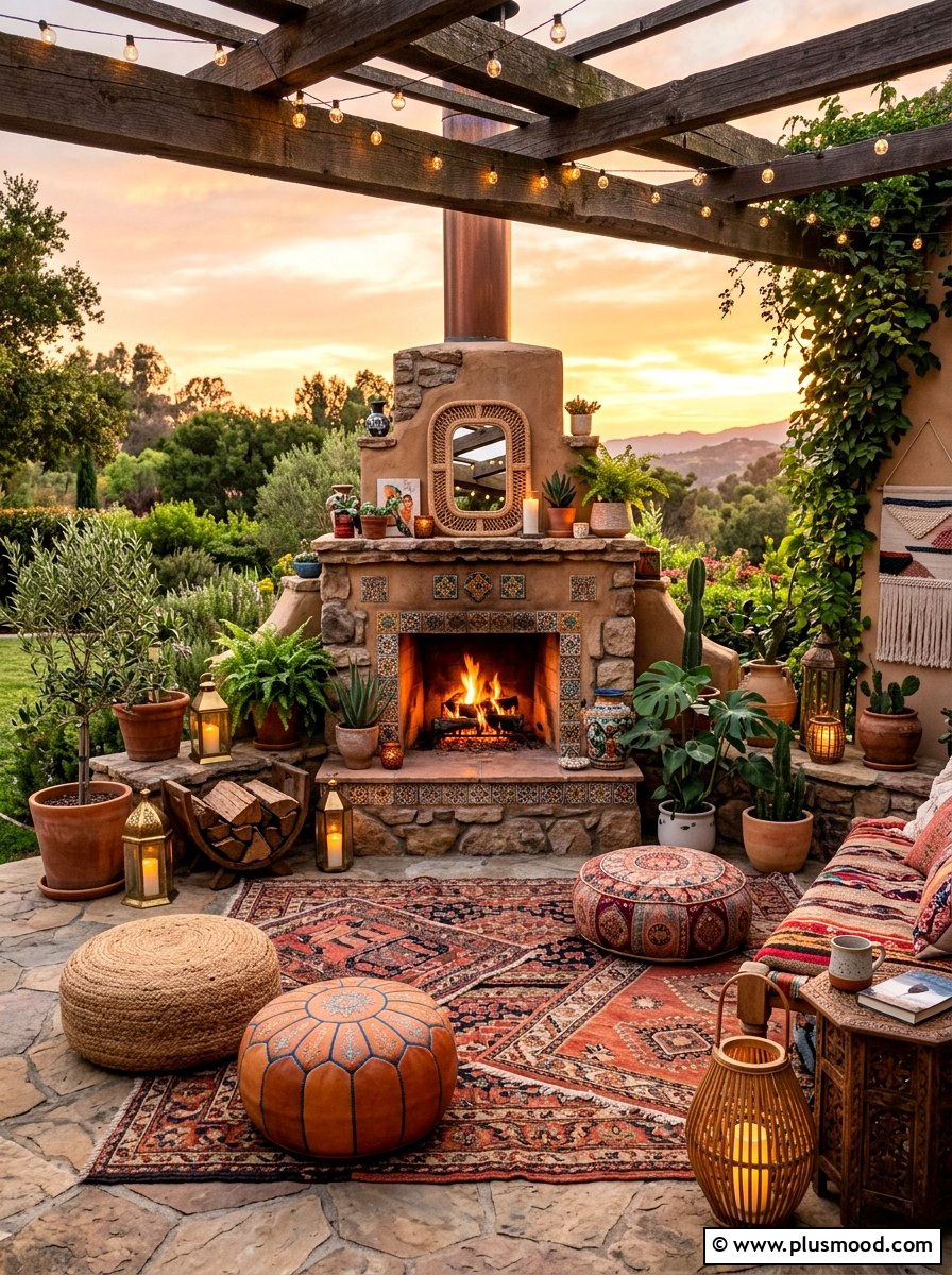 Bohemian style fireplace for tiny garden - 25 small backyard ideas with outdoor fireplace