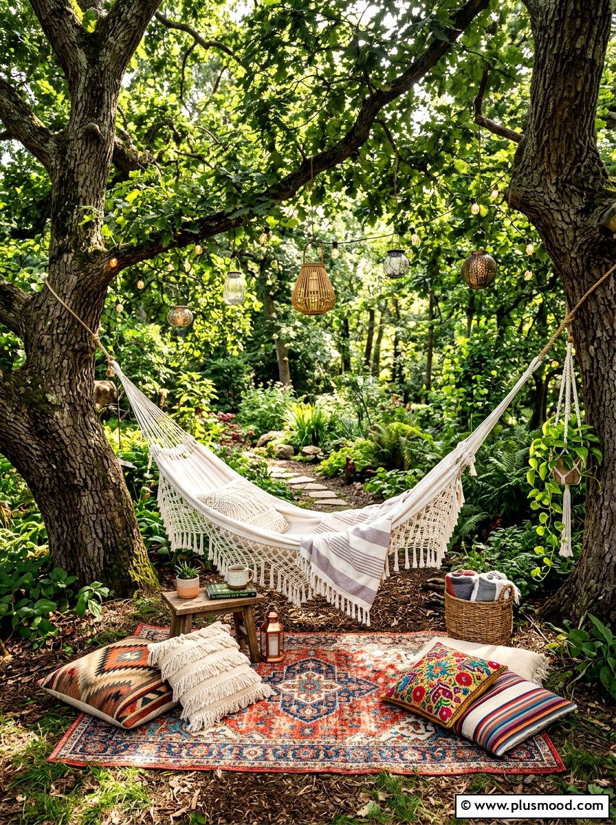 Bohemian style hammock corner - 25 summer backyard ideas