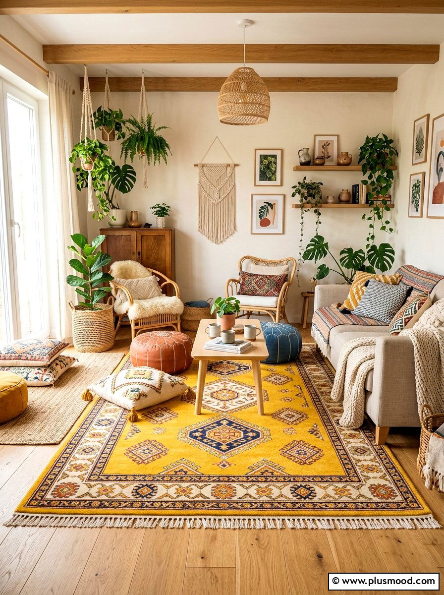 Bohemian yellow area rug - 25 yellow summer living room ideas