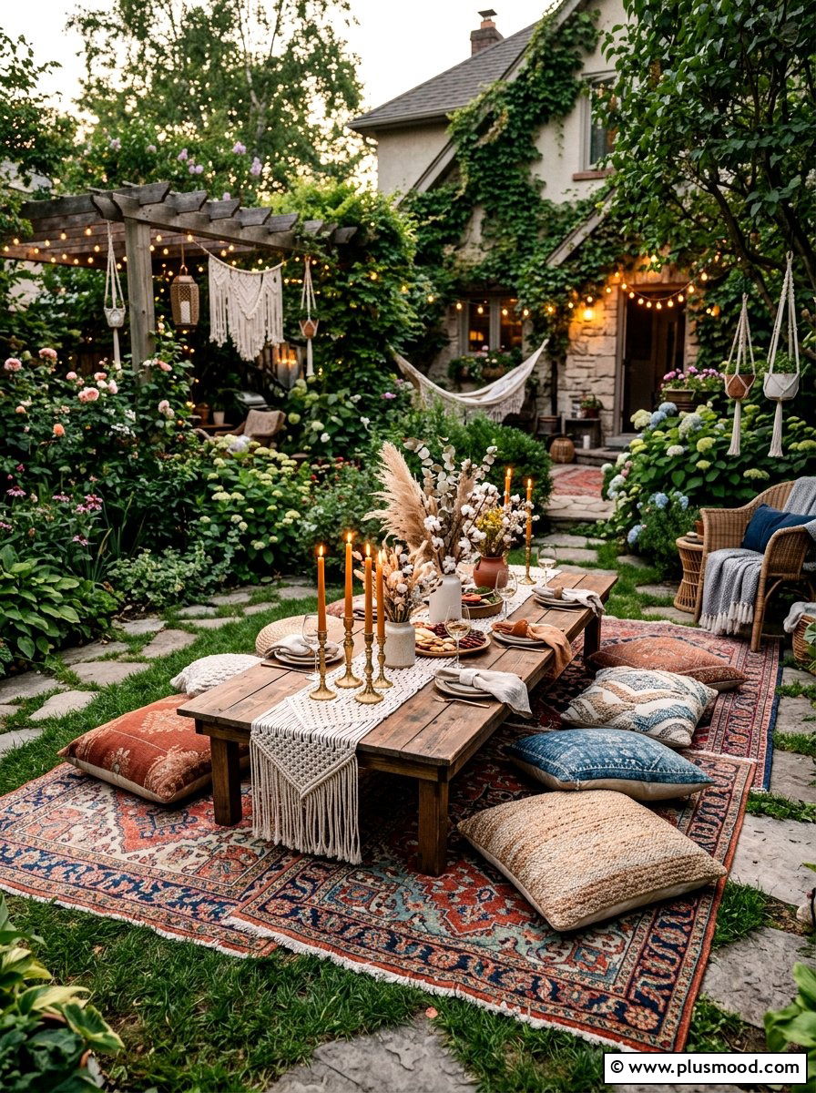 Boho Backyard Picnic Table - 25 summer elegant outdoor dinner ideas