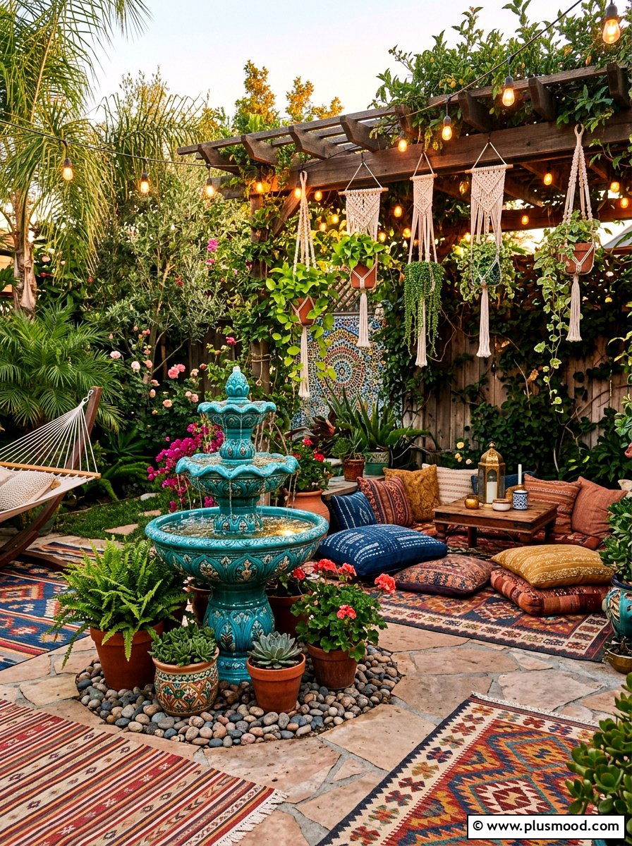 Boho Backyard With Ceramic Fountain - 25 small backyard ideas with fountain