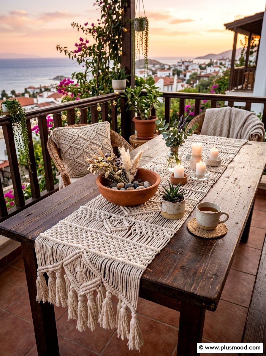 Boho Balcony Table Runner - 25 summer balcony table decor ideas