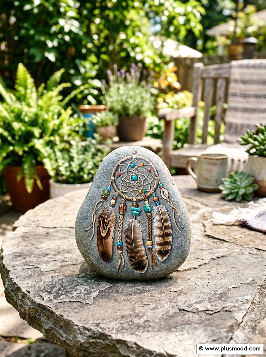Boho Dreamcatcher With Feathers - 25 painted rock ideas with feather design