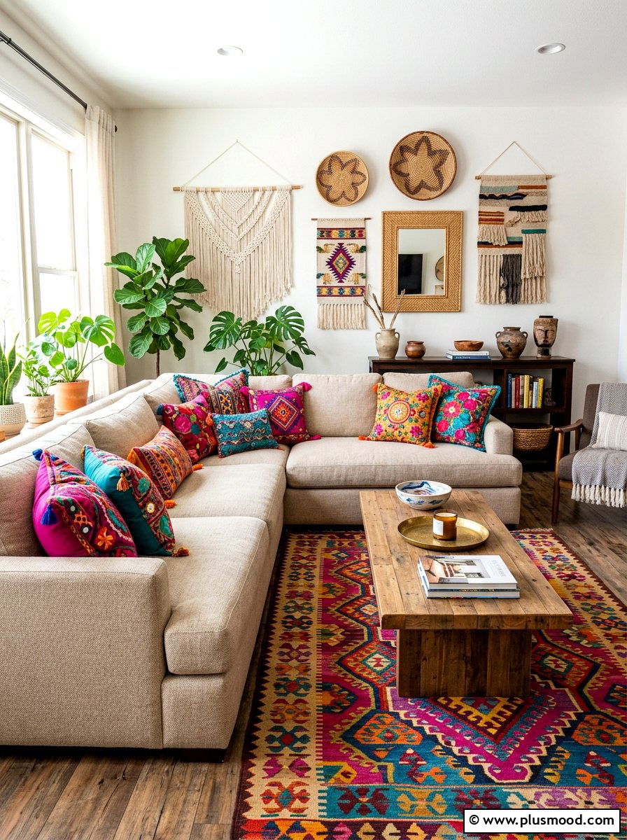 Boho Embroidered Pillows - 25 summer layered texture ideas for living room