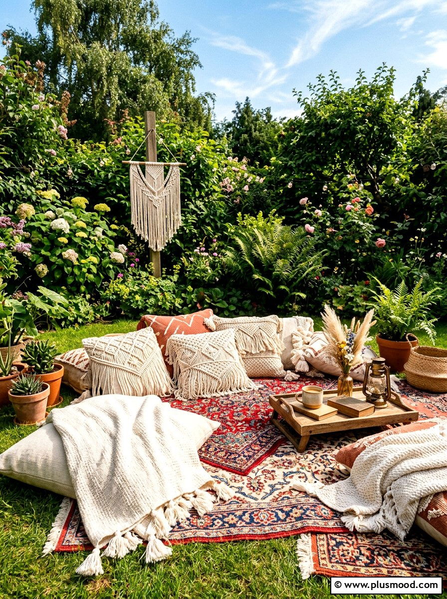 Boho Floor Cushion Setup - 25 summer picnic backyard ideas