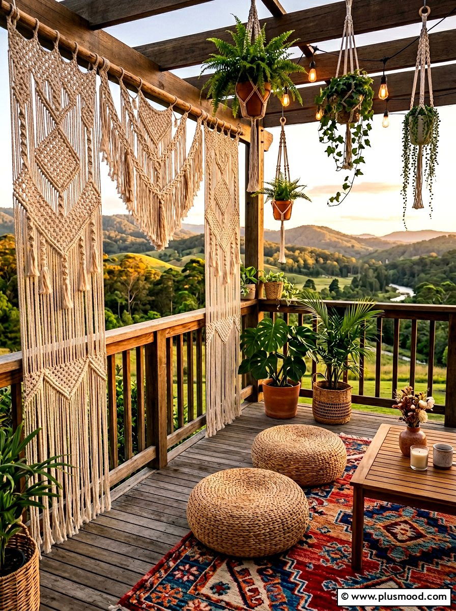 Boho Macrame Outdoor Drapes - 25 summer patio ideas with outdoor curtains