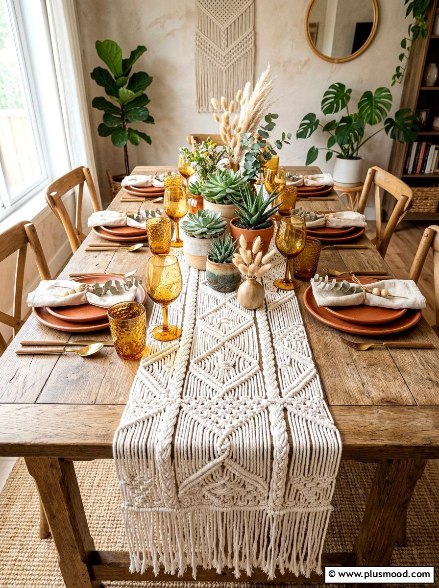 Boho Macrame Table Runner - 25 summer buffet table decor ideas