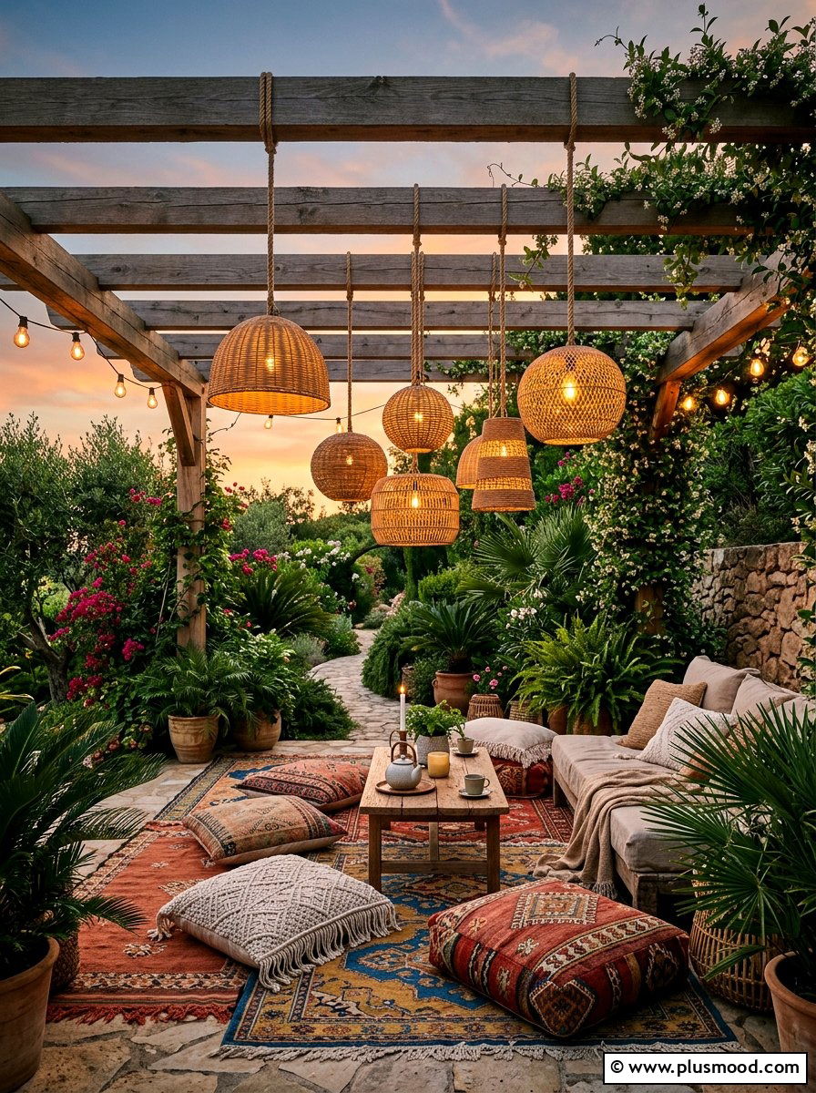 Boho Patio Hanging Lanterns - 25 small backyard ideas with pergola lights