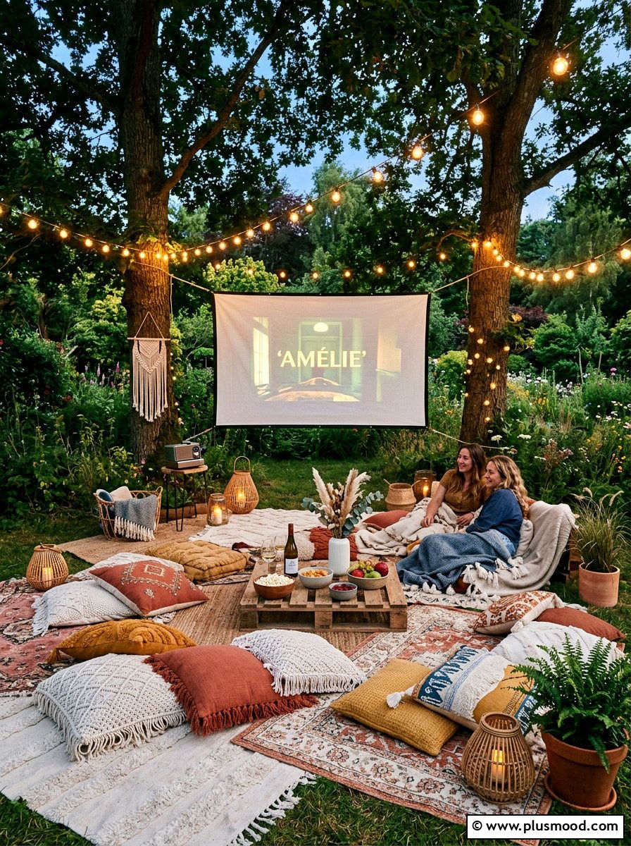 Boho Picnic Cinema Setup - 25 small backyard ideas with movie screen