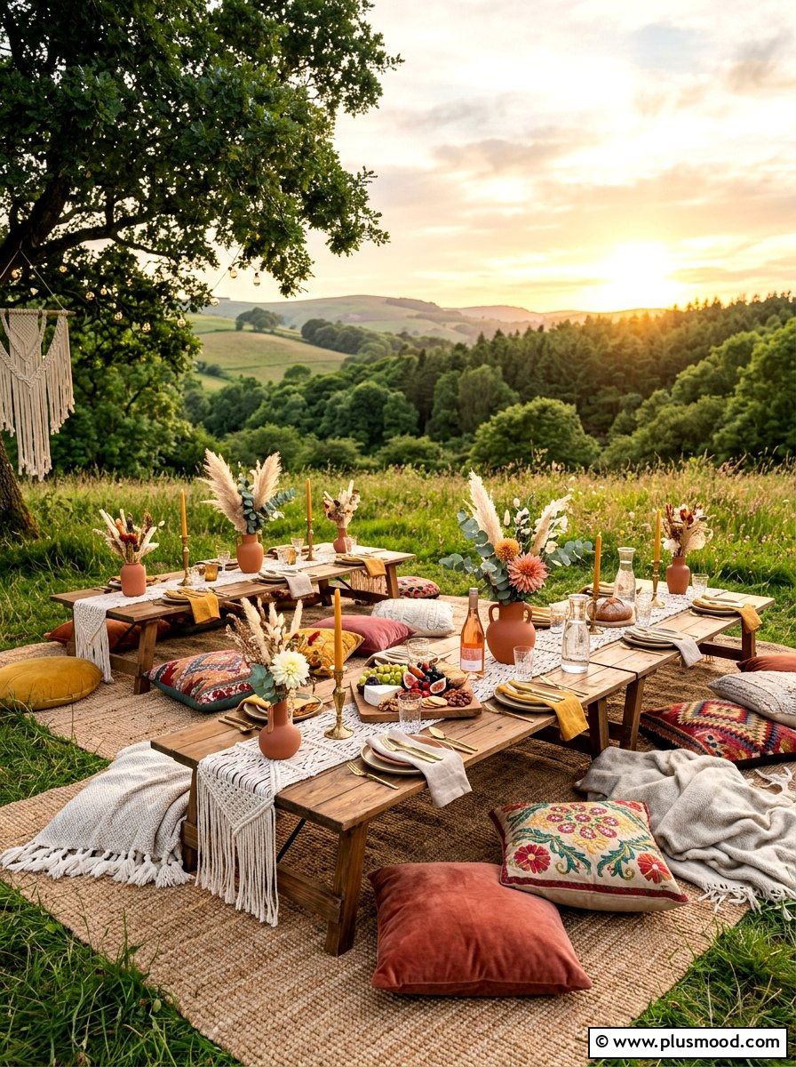 Boho Picnic Table Setting - 25 summer pool party decor ideas