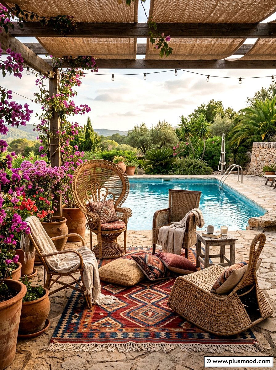 Boho Pool Lounge Area - 25 pool landscaping ideas with outdoor rug