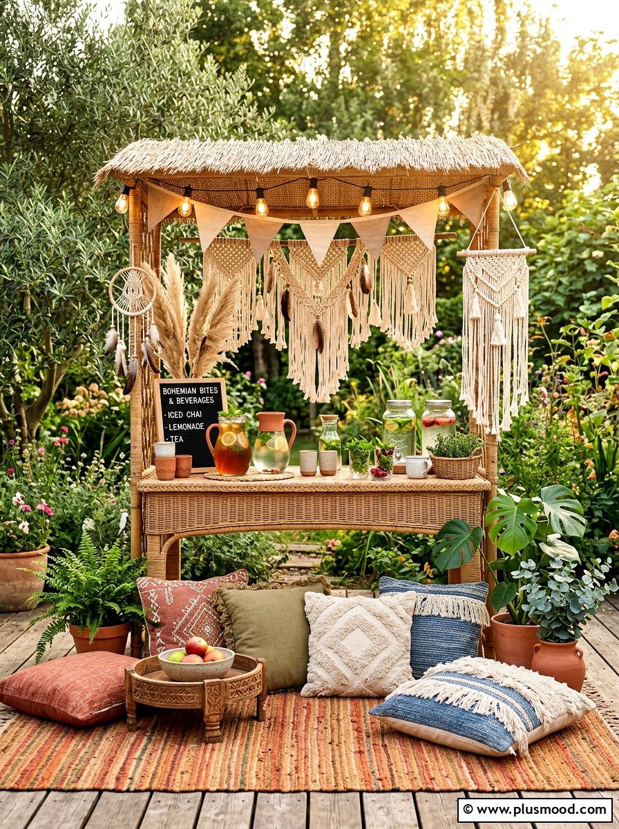 Boho Rattan Beverage Stand - 25 summer iced tea bar ideas