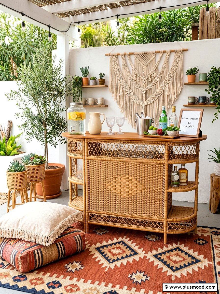 Boho Rattan Beverage Station - 25 summer patio bar ideas