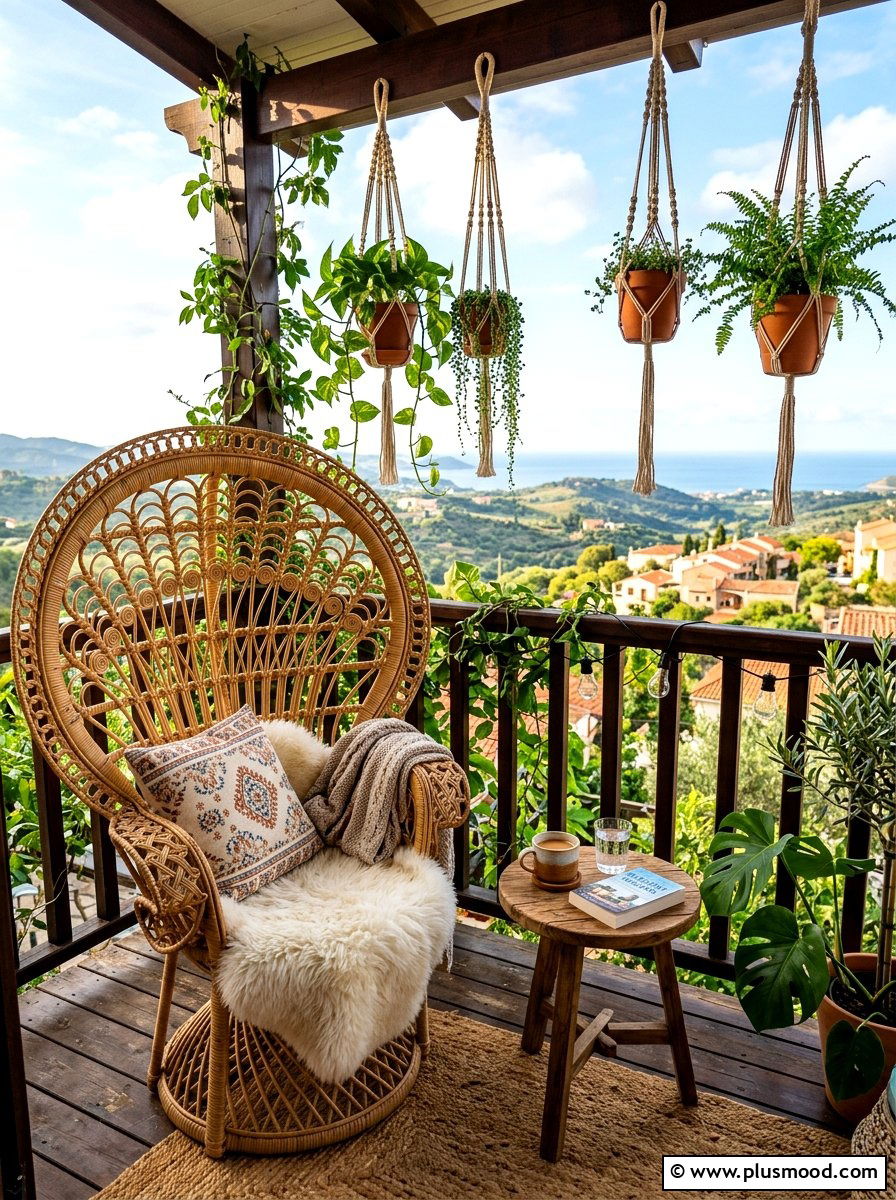 Boho Rattan Chair - 25 summer balcony breakfast nook ideas