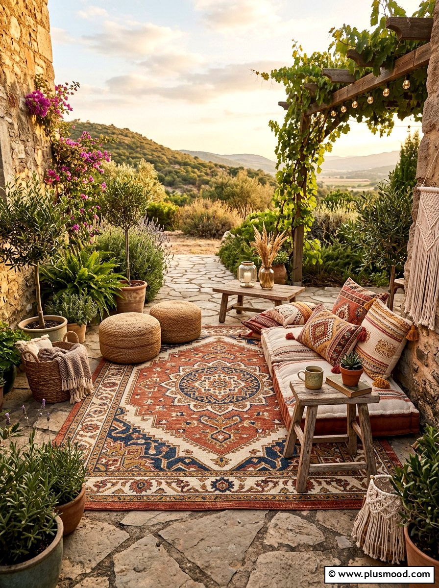 Boho Rug Outdoor Space - 25 small backyard ideas with yoga space
