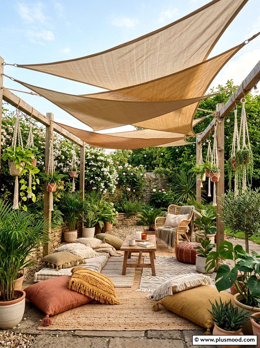 Boho Style Backyard With Tiered Sails - 25 small backyard ideas with shade sail
