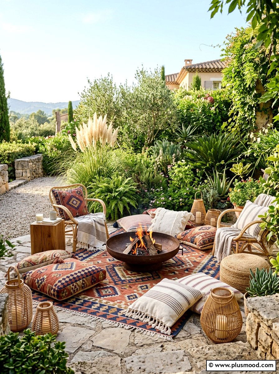 Boho Style Fire Pit - 25 small backyard ideas with fire pit