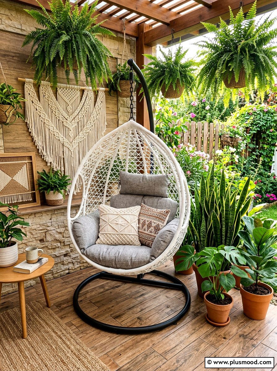 Boho Style Hanging Egg Chair - 25 summer balcony seating ideas