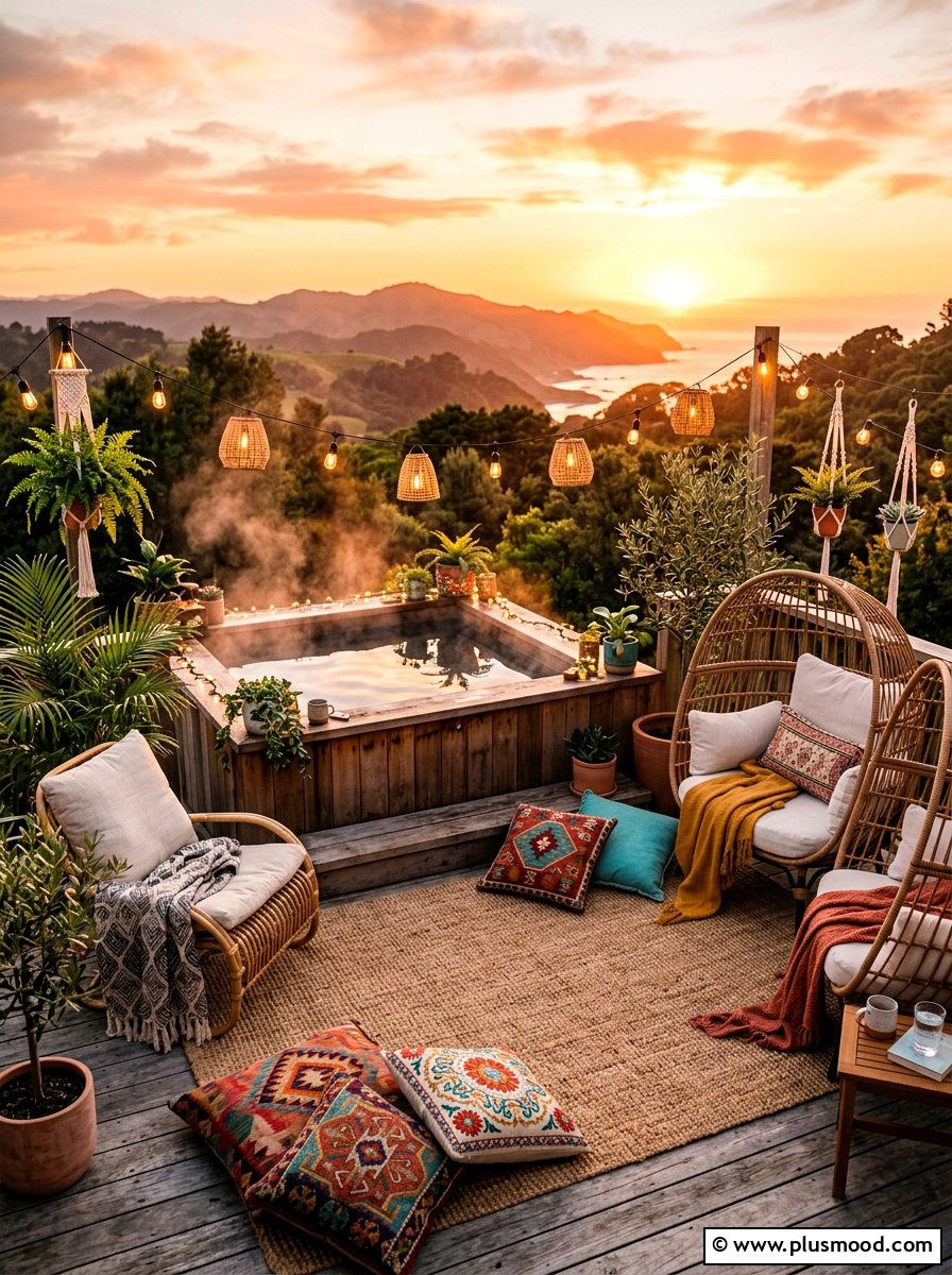 Boho Style Hot Tub Area - 25 summer hot tub patio ideas