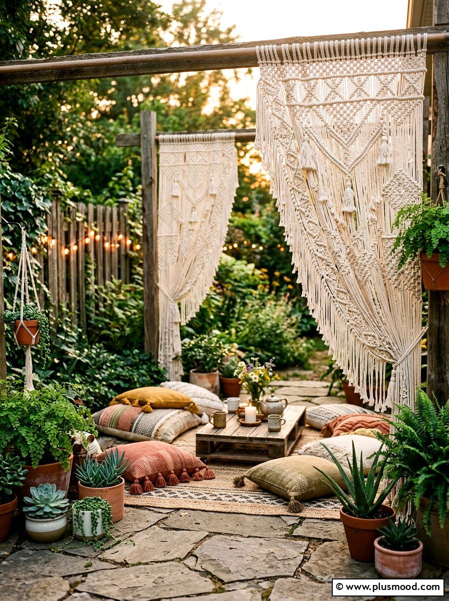 Boho Style Macrame Outdoor Curtains - 25 small backyard ideas with outdoor curtains