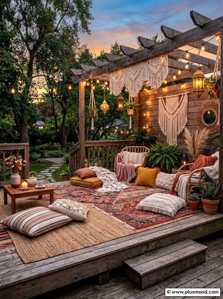 Boho Style Outdoor Space - 25 small backyard ideas with raised patio