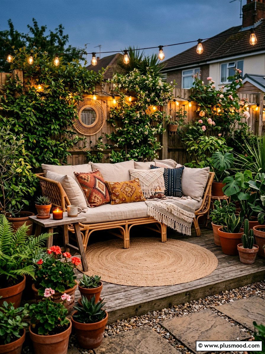 Boho Style Small Backyard - 25 small backyard ideas with outdoor sofa