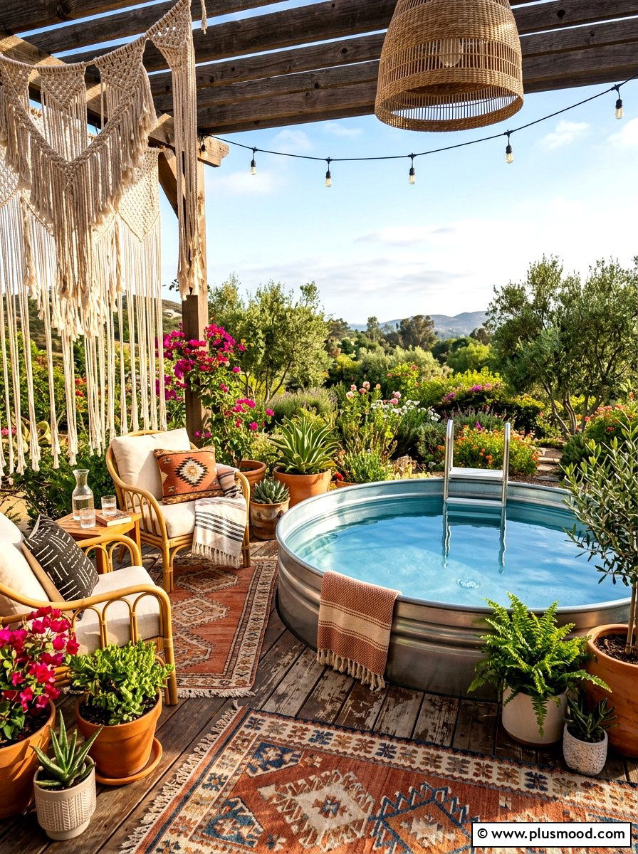 Boho Style Stock Tank Pool - 25 summer stock tank pool ideas