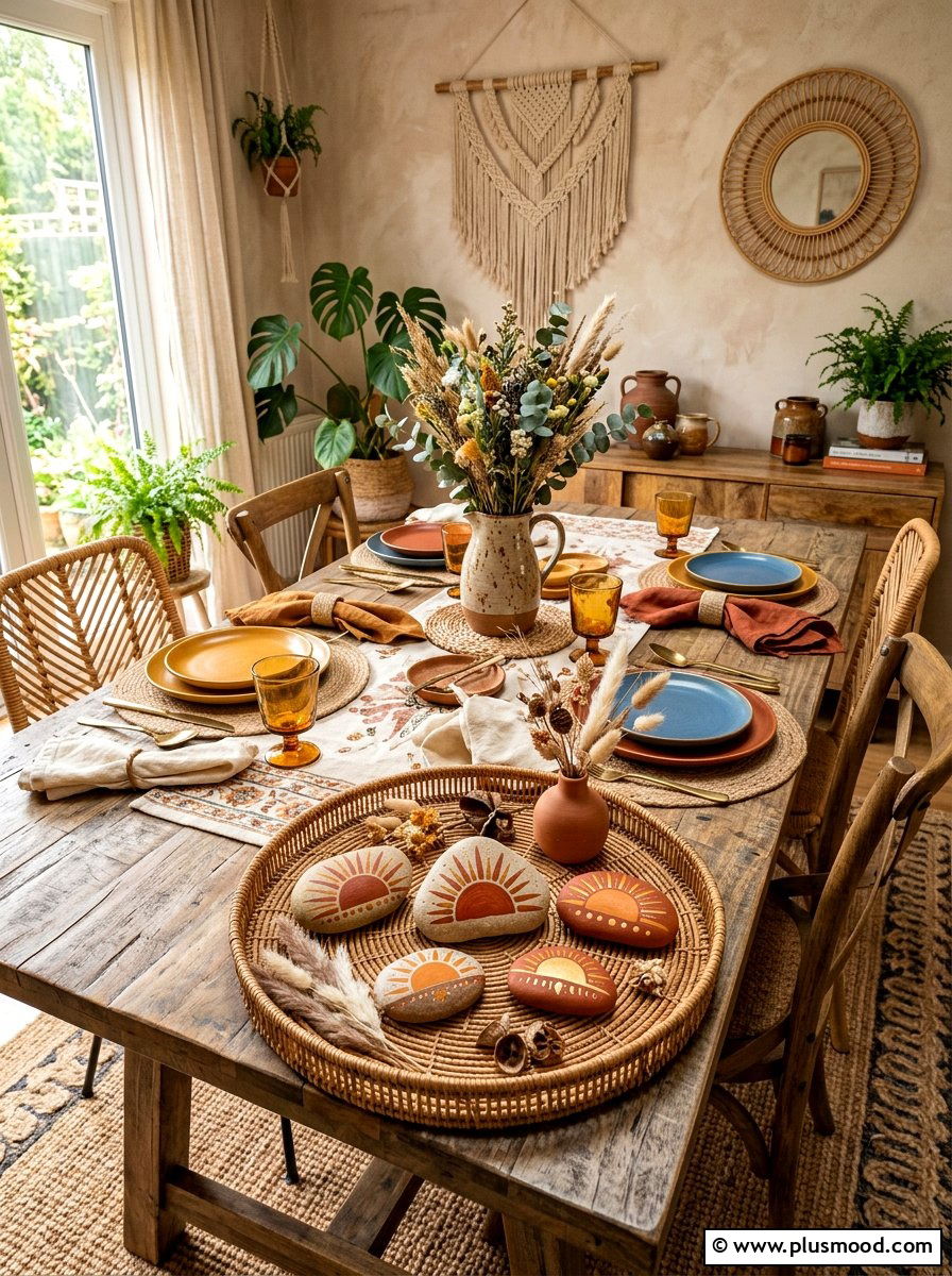 Boho Sun Rock - 25 painted rock ideas for tabletop display