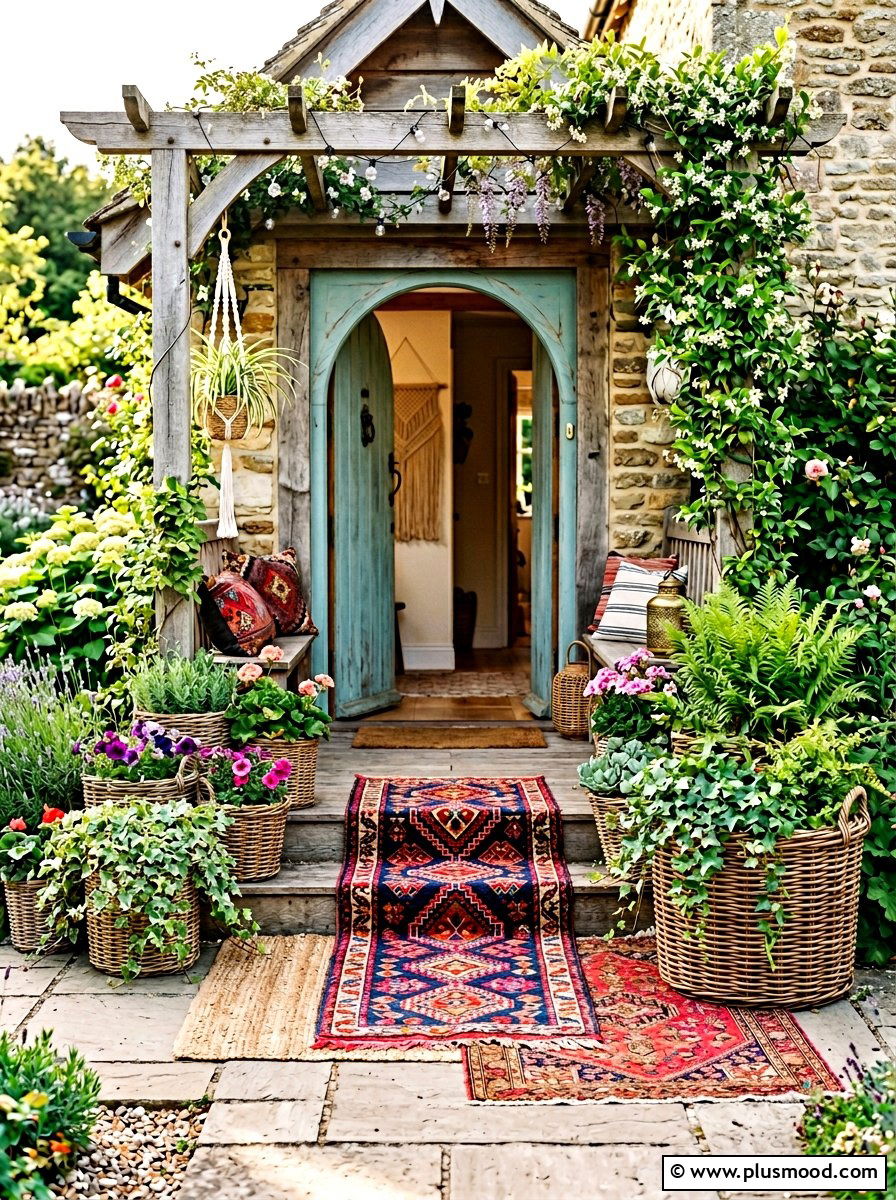 Boho Wicker Basket Entry - 25 summer front steps decor ideas