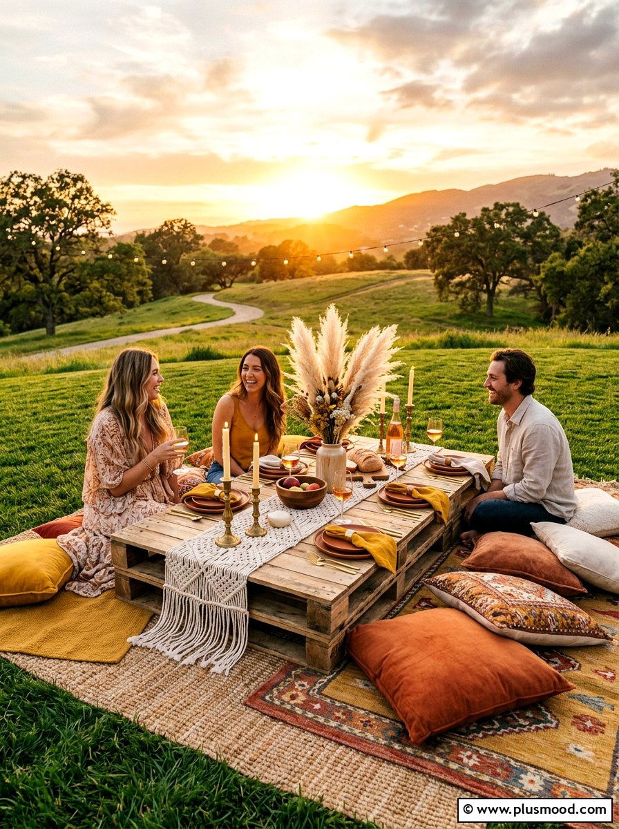 Boho backyard picnic table - 25 summer dinner party table ideas