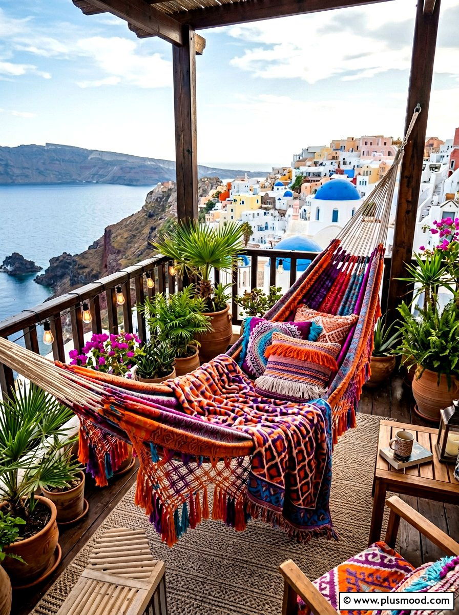 Boho balcony hammock - 25 summer colorful balcony ideas