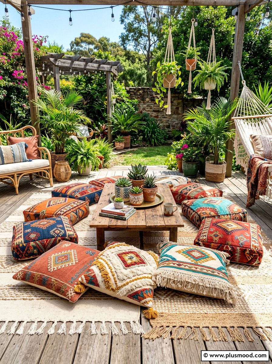 Boho deck floor cushions - 25 summer deck party ideas