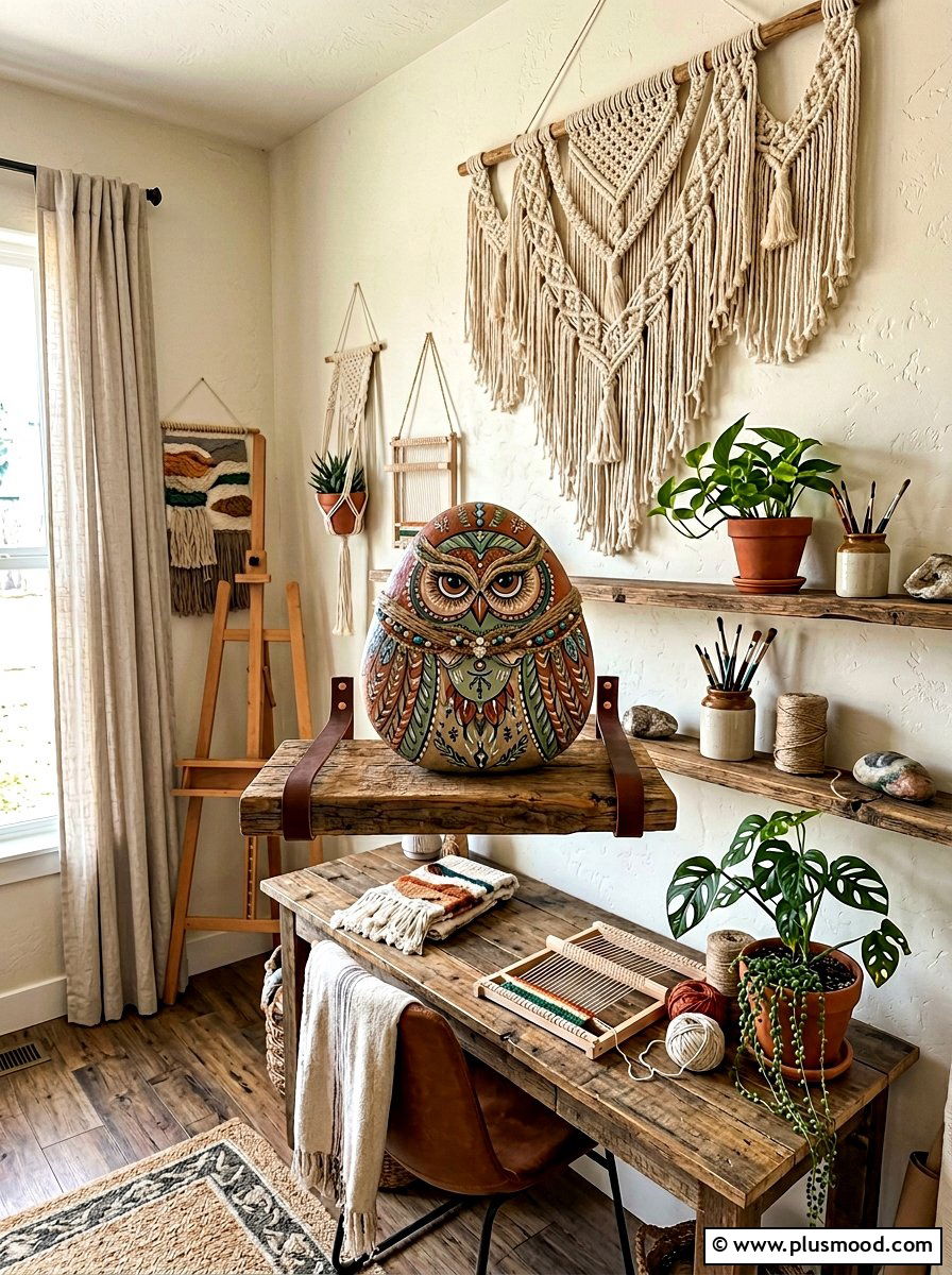 Boho owl with feathers - 25 painted rock ideas with owls