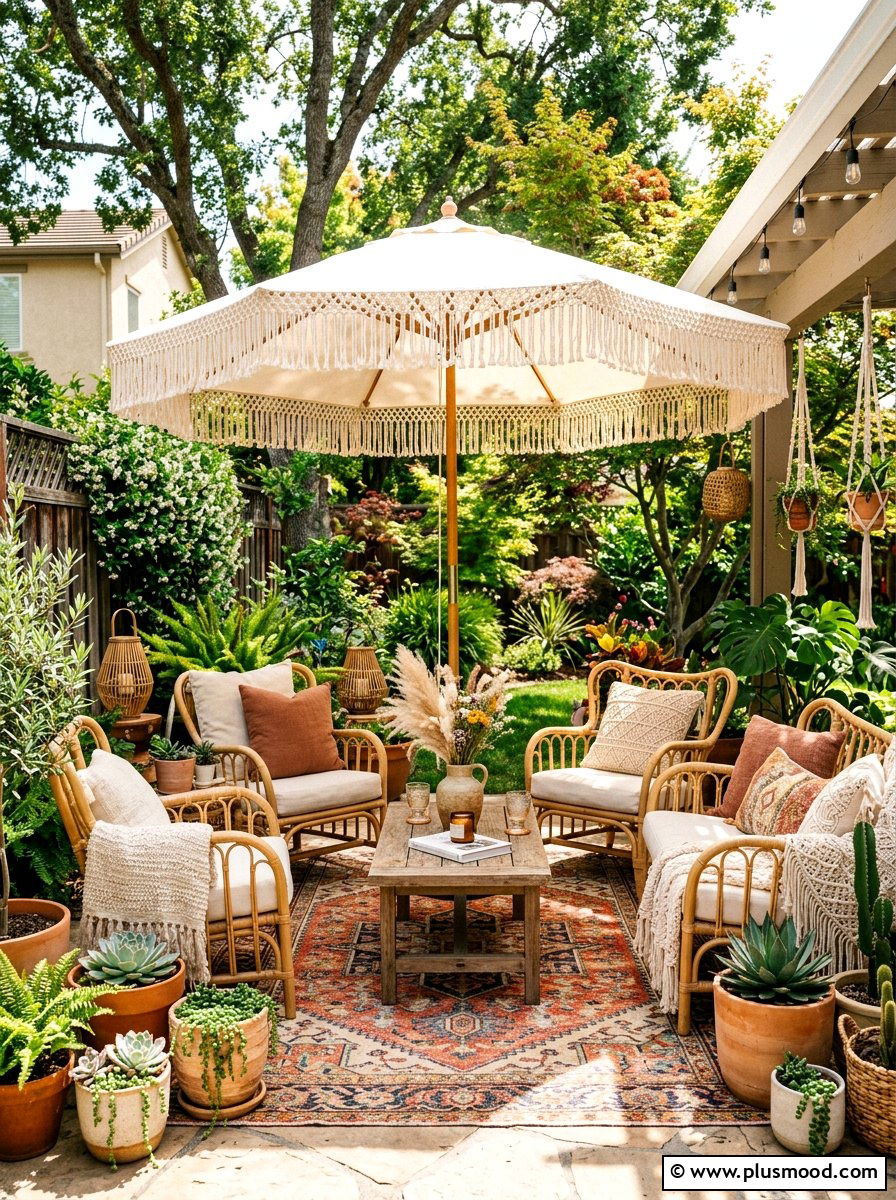 Boho patio umbrella - 25 late summer patio ideas