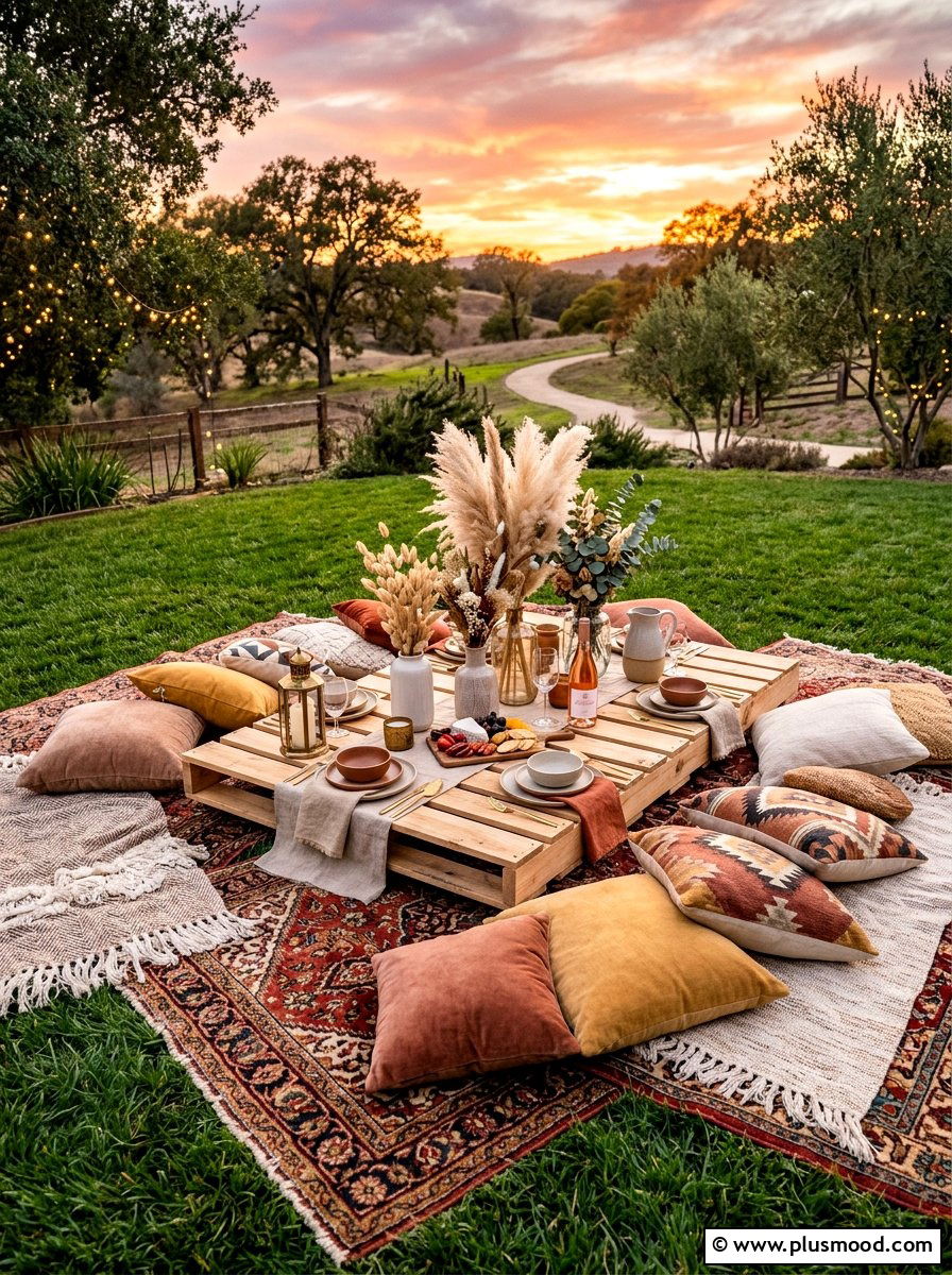 Boho picnic setup - 25 late summer party decor ideas