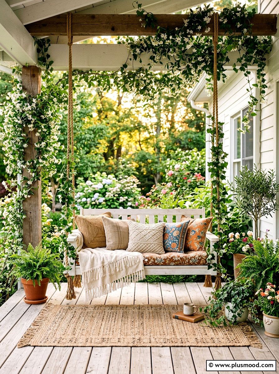 Boho porch swing with plants - 25 small backyard ideas with hanging plants