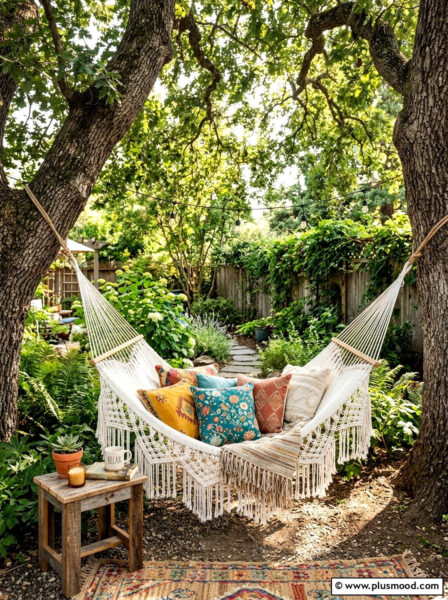 Boho style backyard hammock - 25 cozy summer backyard ideas