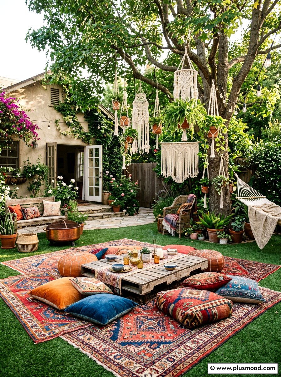 Boho style backyard turf - 25 small backyard ideas with artificial turf