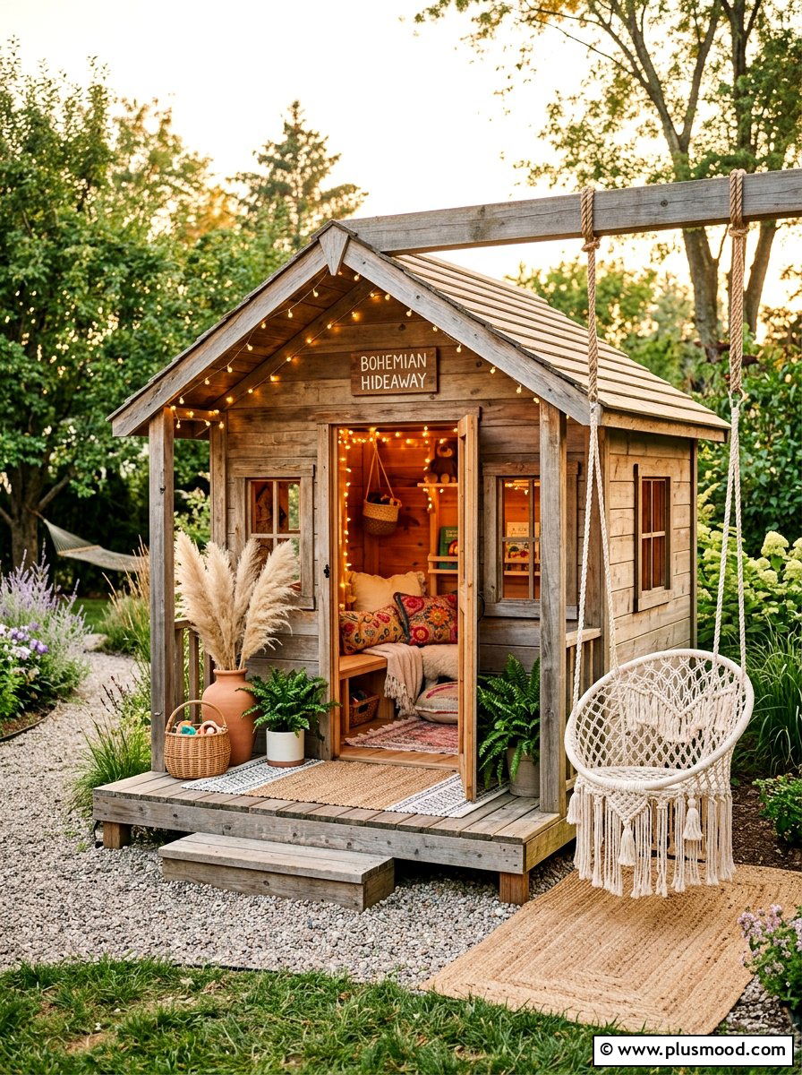 Boho style playhouse with macrame - 25 small backyard ideas with playhouse