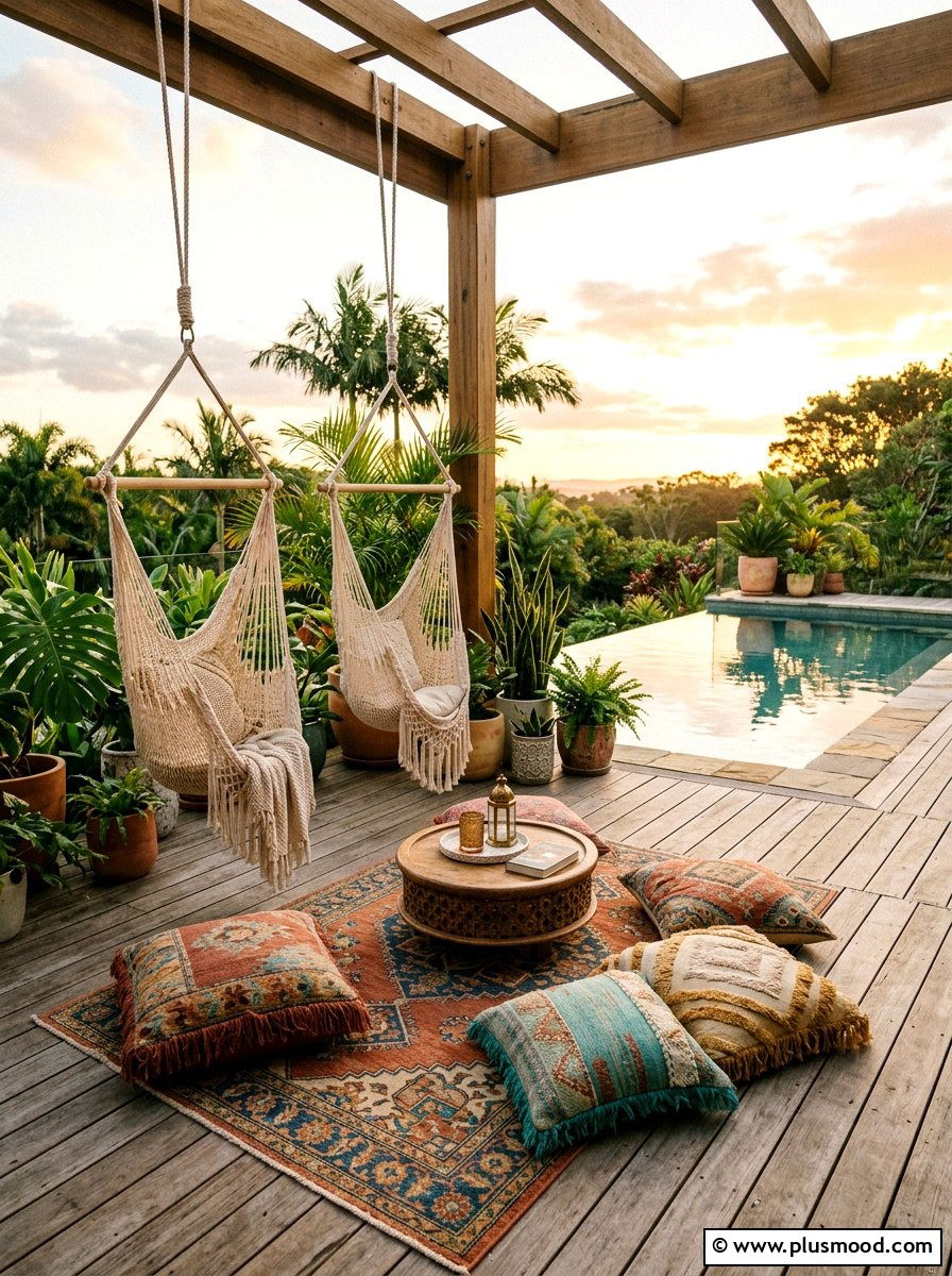 Boho style poolside lounge - 25 pool landscaping ideas with outdoor seating