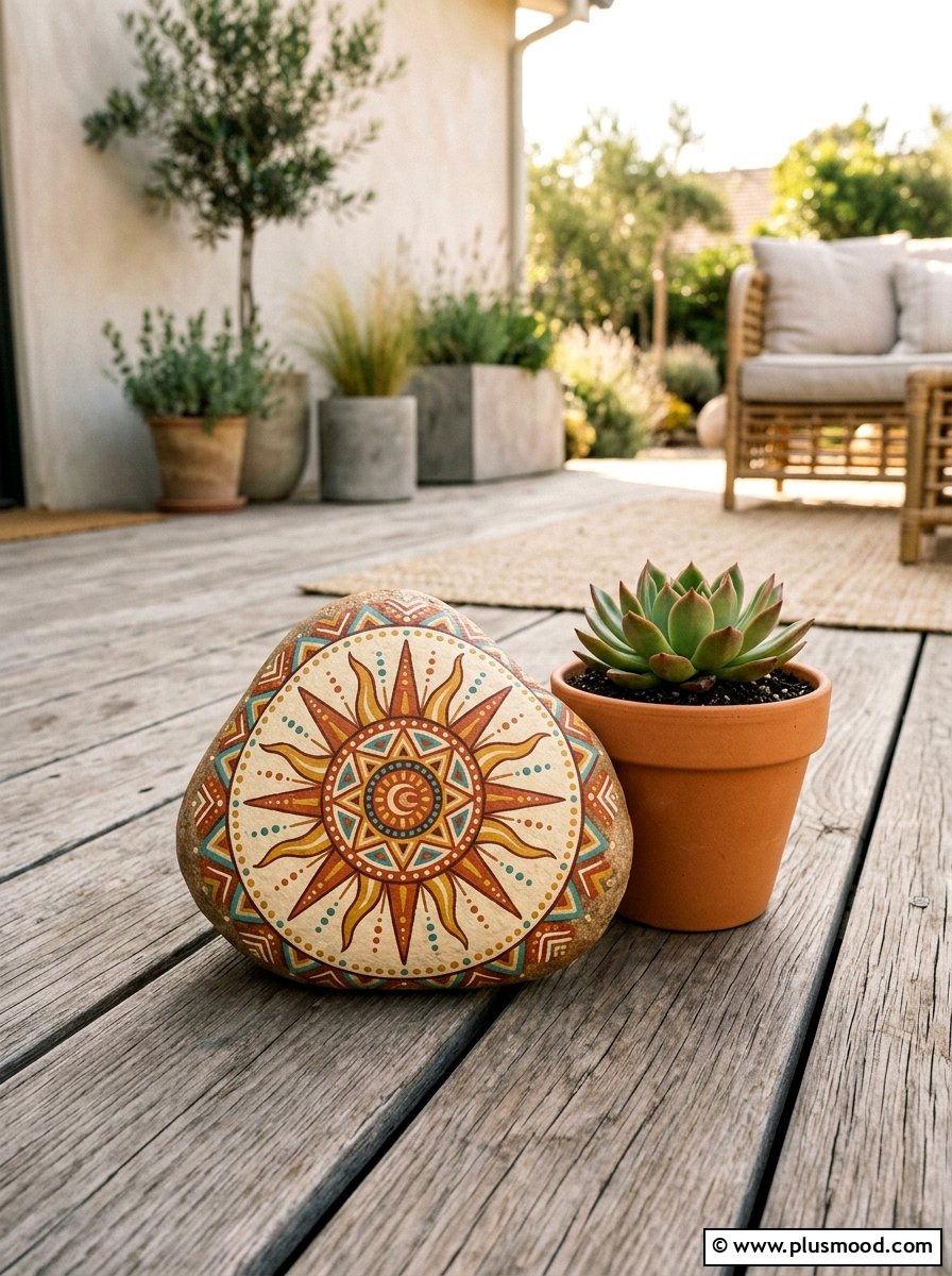 Boho sun style - 25 painted rock ideas with sun design
