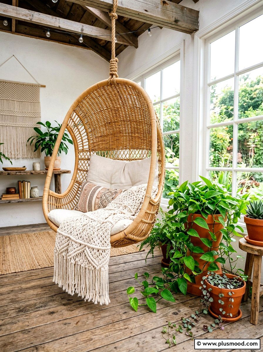 Boho wicker hanging chair - 25 summer porch swing curb appeal ideas