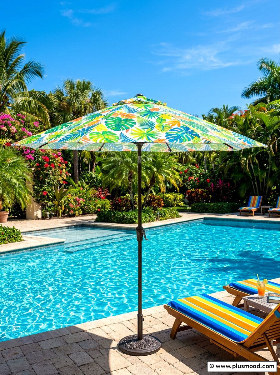 Bold Patterned Umbrella - 25 summer poolside umbrella ideas